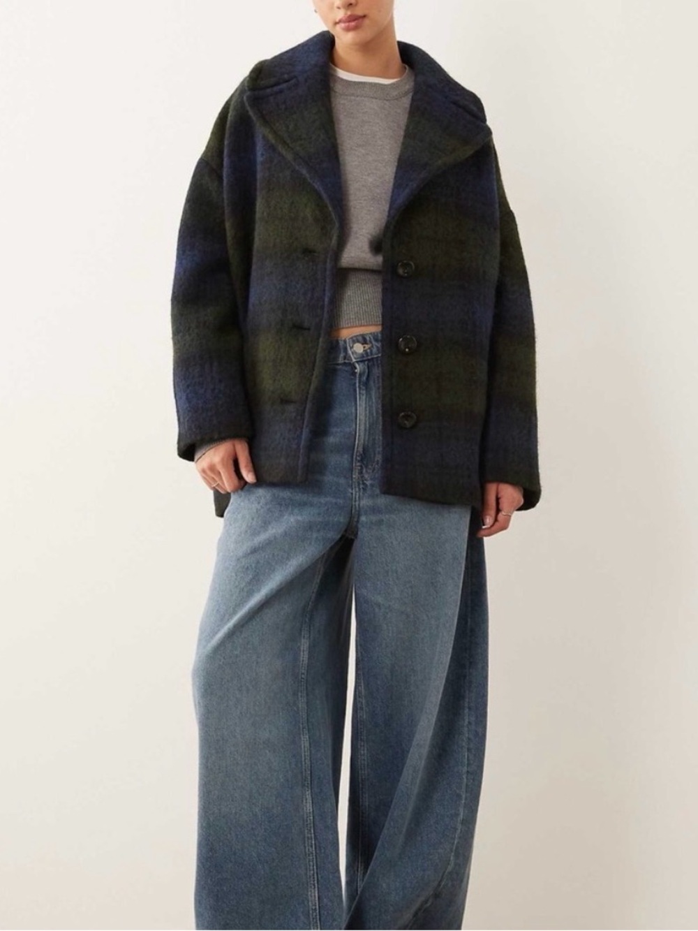 NWT Mango Plaid Wool Blend Button-Up Coat in Navy and Olive- Abrigo Scottish - Picture 1 of 14